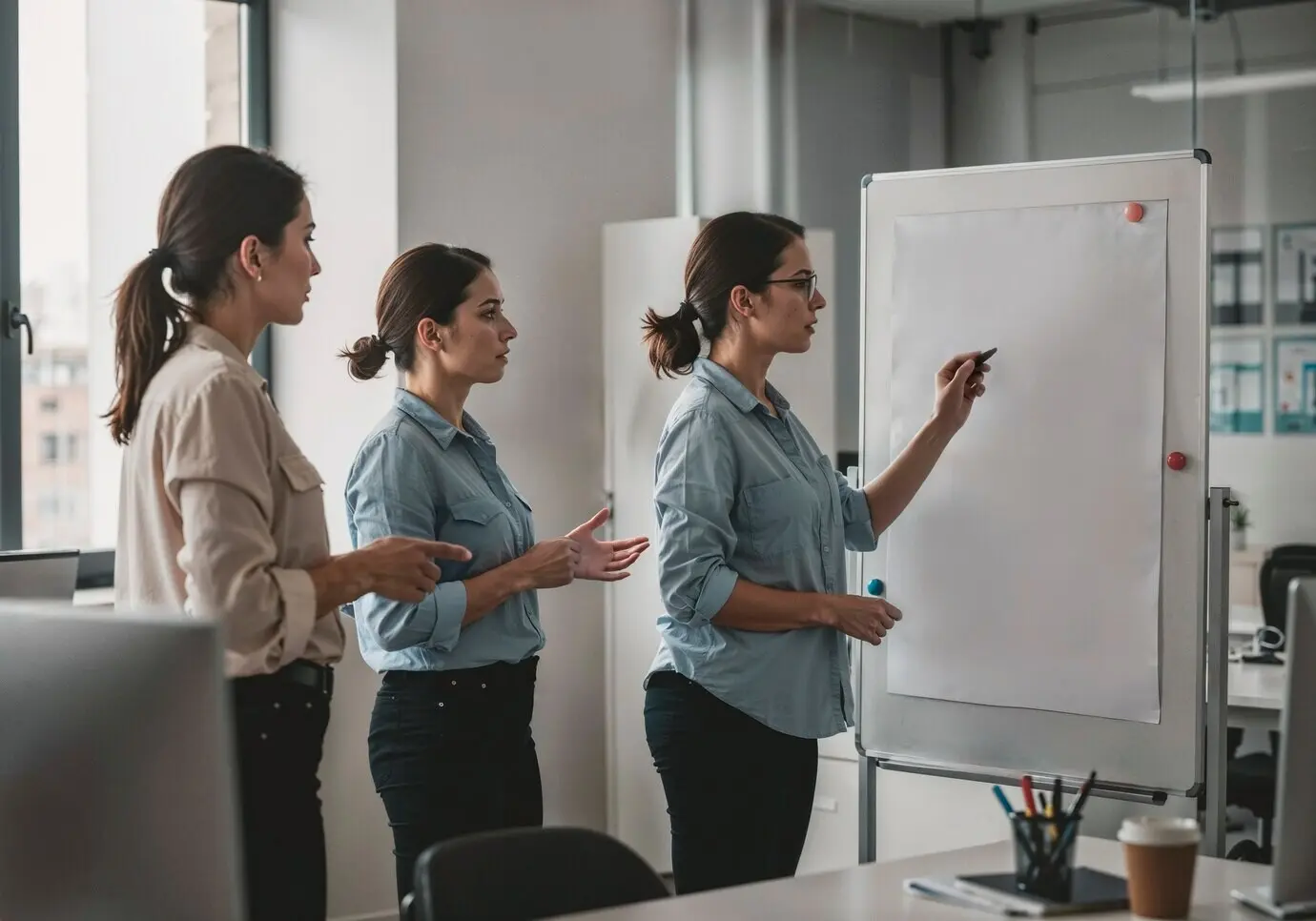 Im Büro besprechen Geschäftsfrauen ein Projekt.